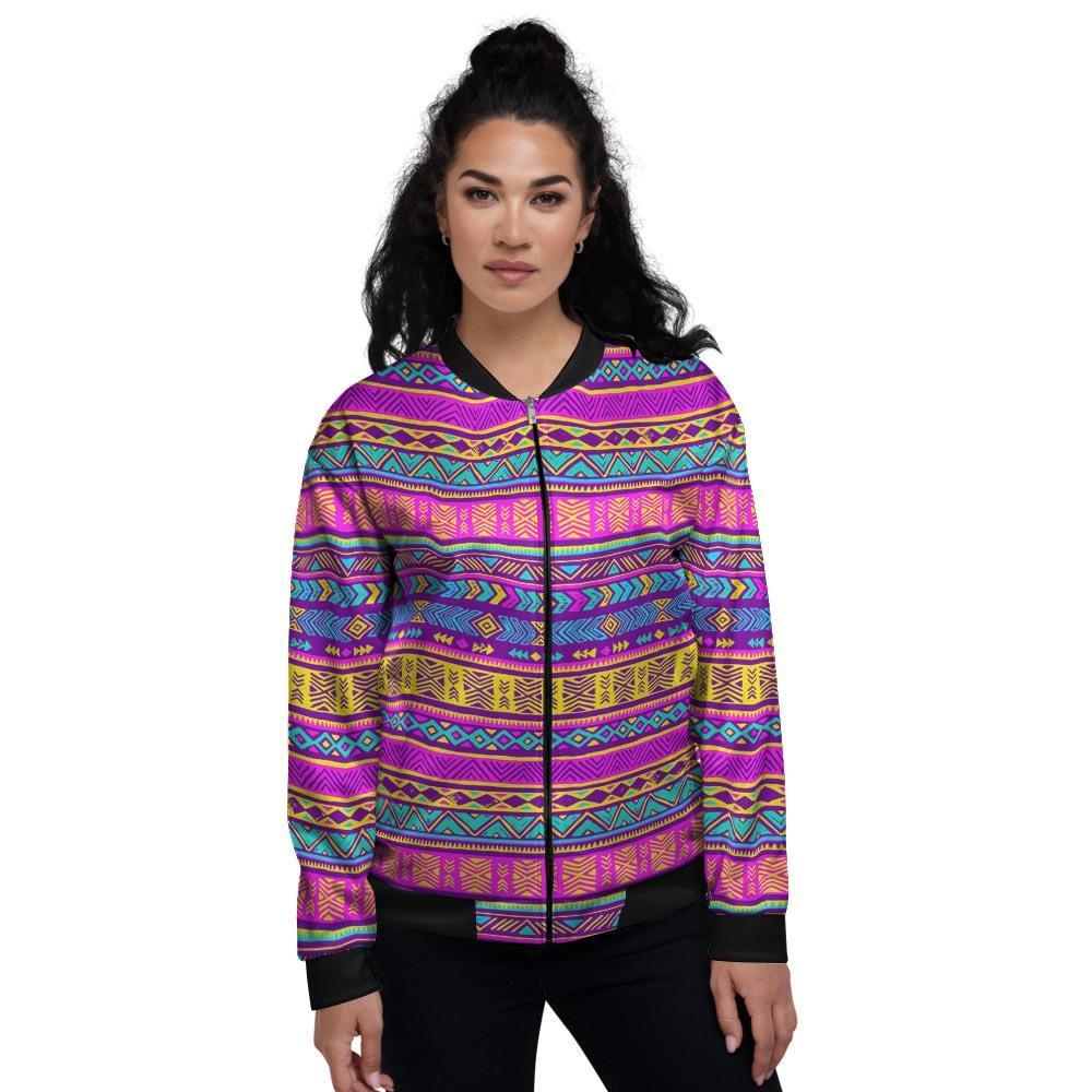Colorful Neon Tribal Navajo Aztec Print Women's Bomber Jacket-grizzshop