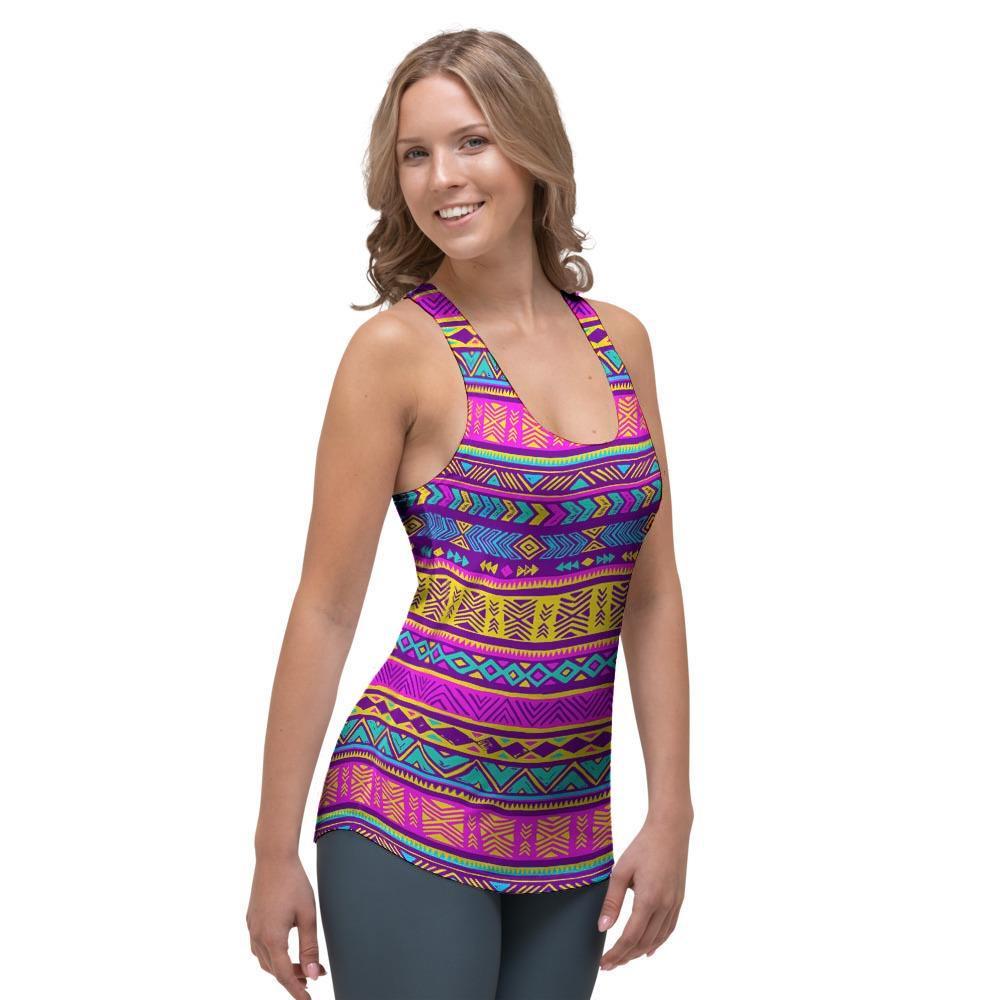 Colorful Neon Tribal Navajo Aztec Print Women's Racerback Tank Top-grizzshop
