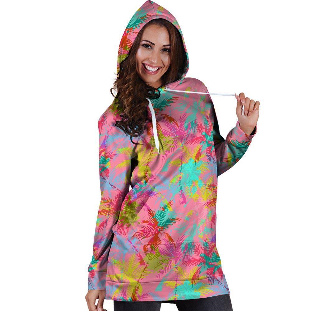 Colorful Palm Tree Hawaiian Print Hoodie Dress-grizzshop