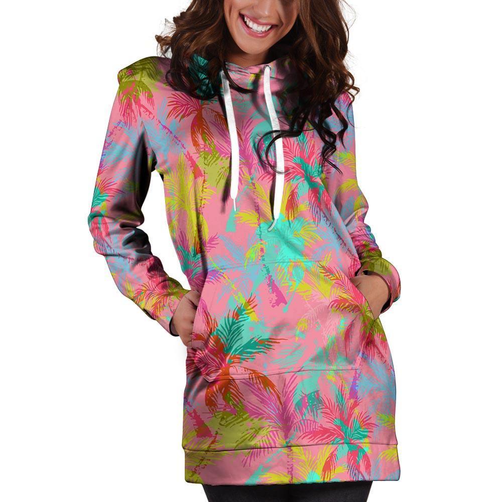 Colorful Palm Tree Hawaiian Print Hoodie Dress-grizzshop