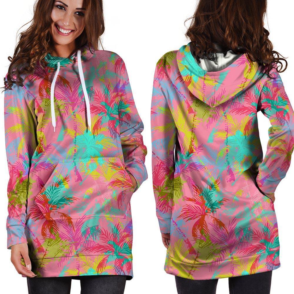 Colorful Palm Tree Hawaiian Print Hoodie Dress-grizzshop