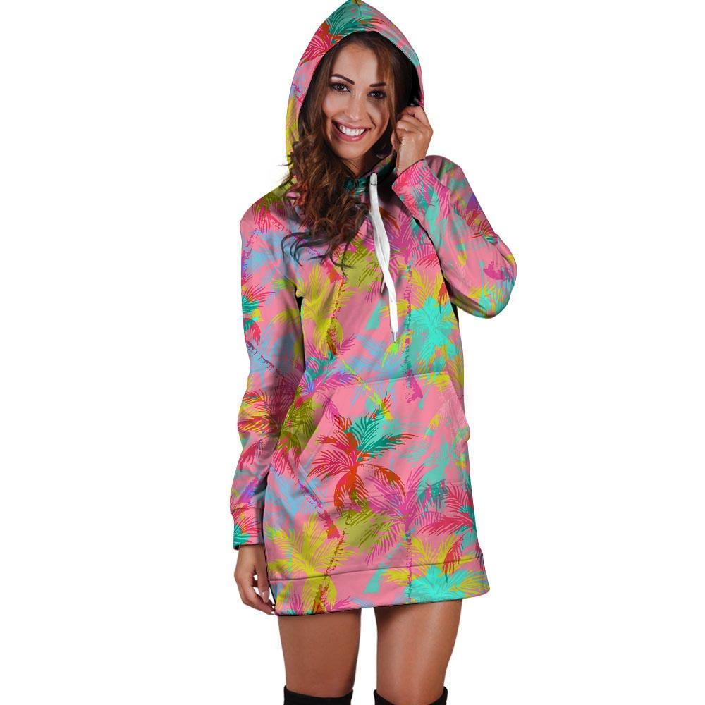 Colorful Palm Tree Hawaiian Print Hoodie Dress-grizzshop
