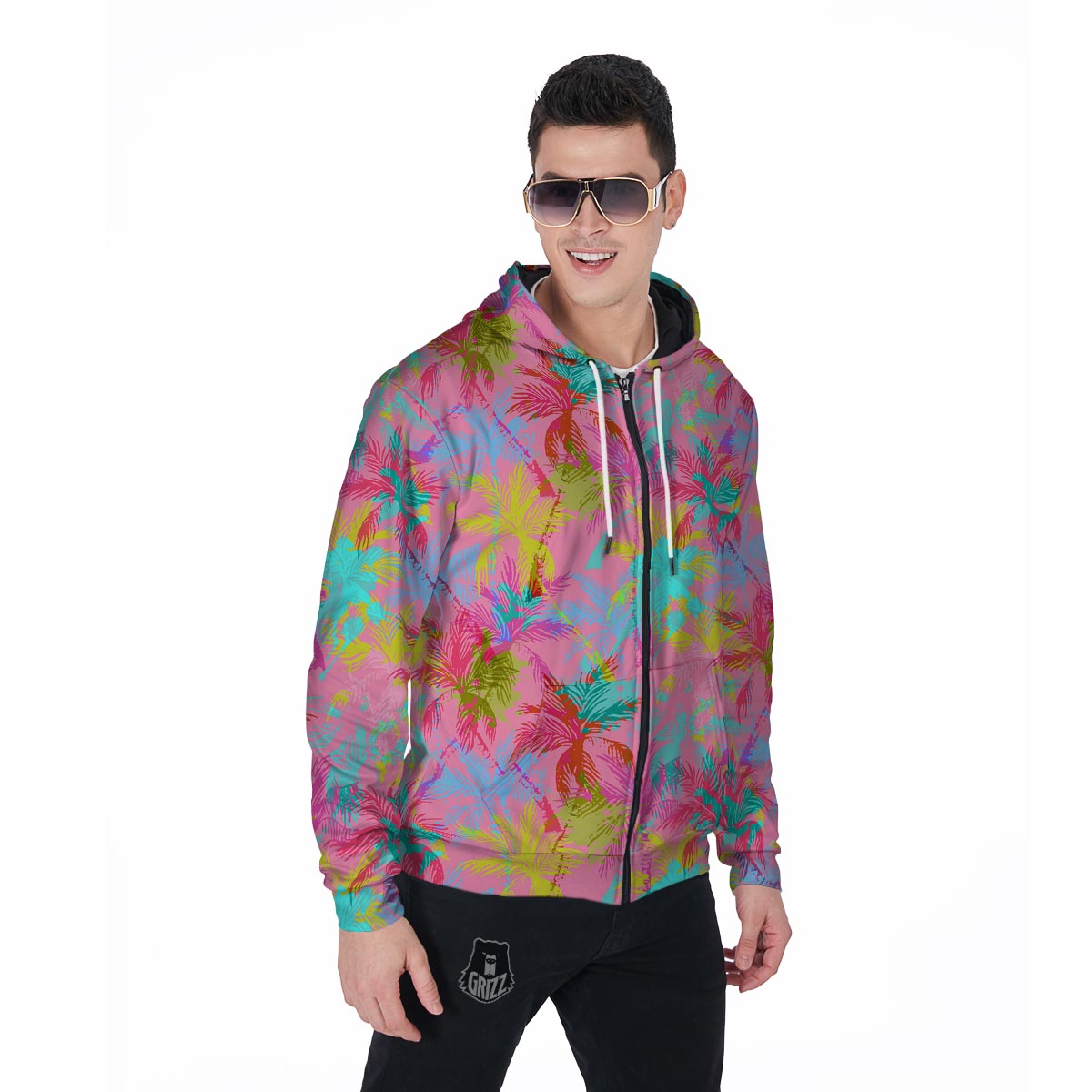 Colorful Palm Tree Hawaiian Print Men's Zip Up Hoodie-grizzshop