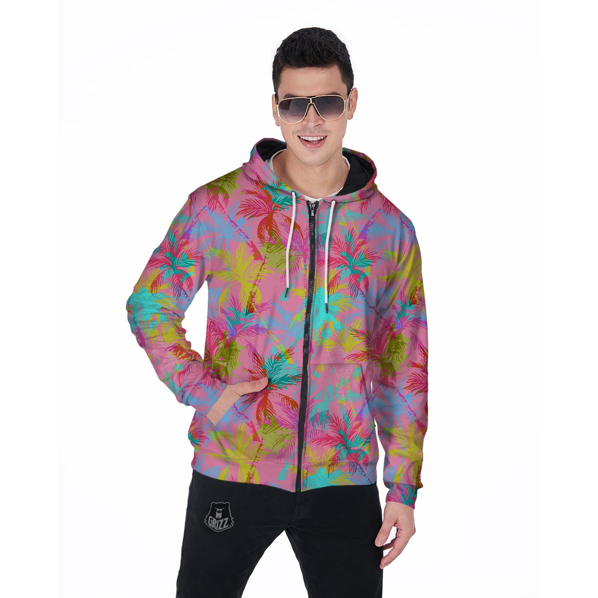 Colorful Palm Tree Hawaiian Print Men's Zip Up Hoodie-grizzshop
