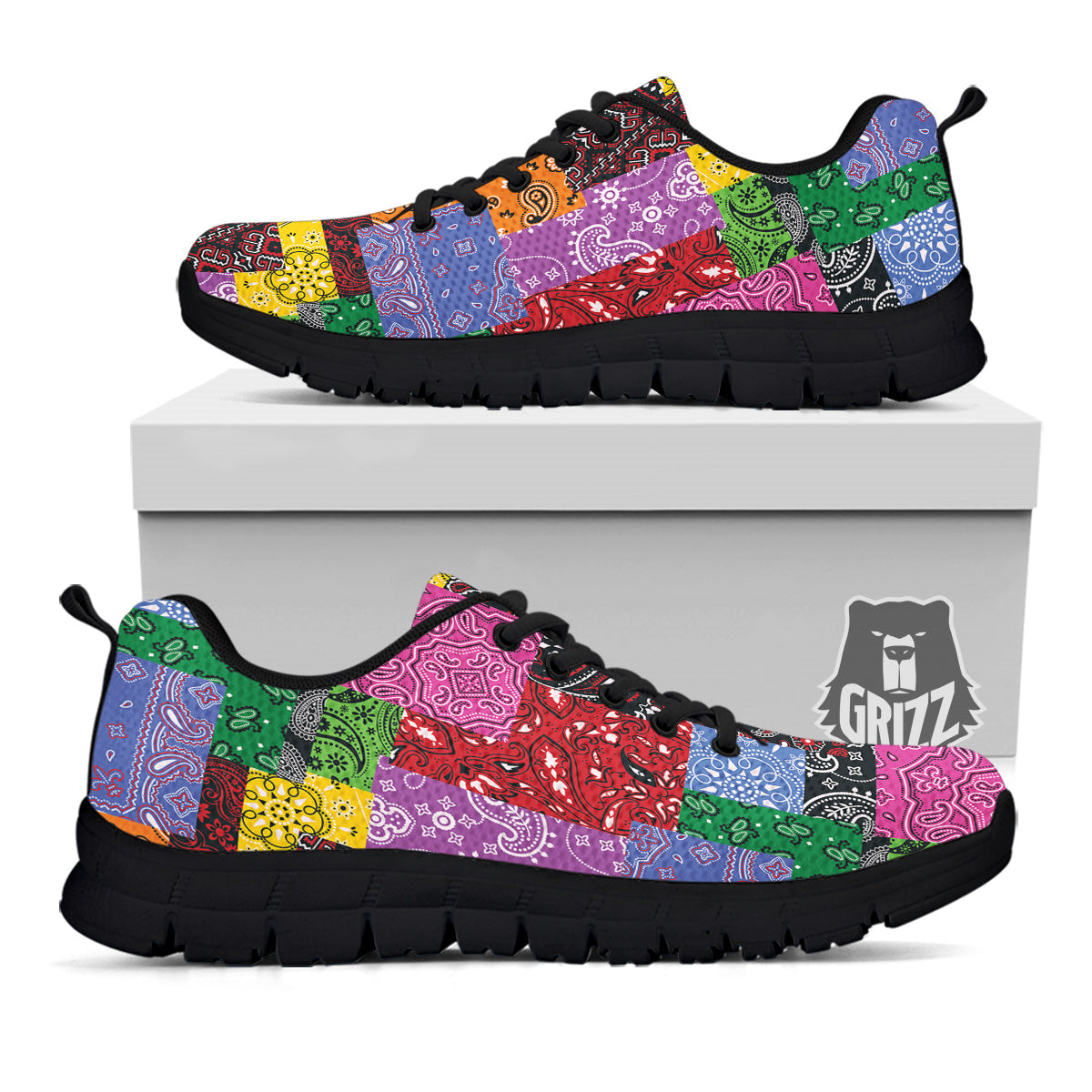 Colorful Patchwork Bandanna Print Pattern Black Sneaker-grizzshop