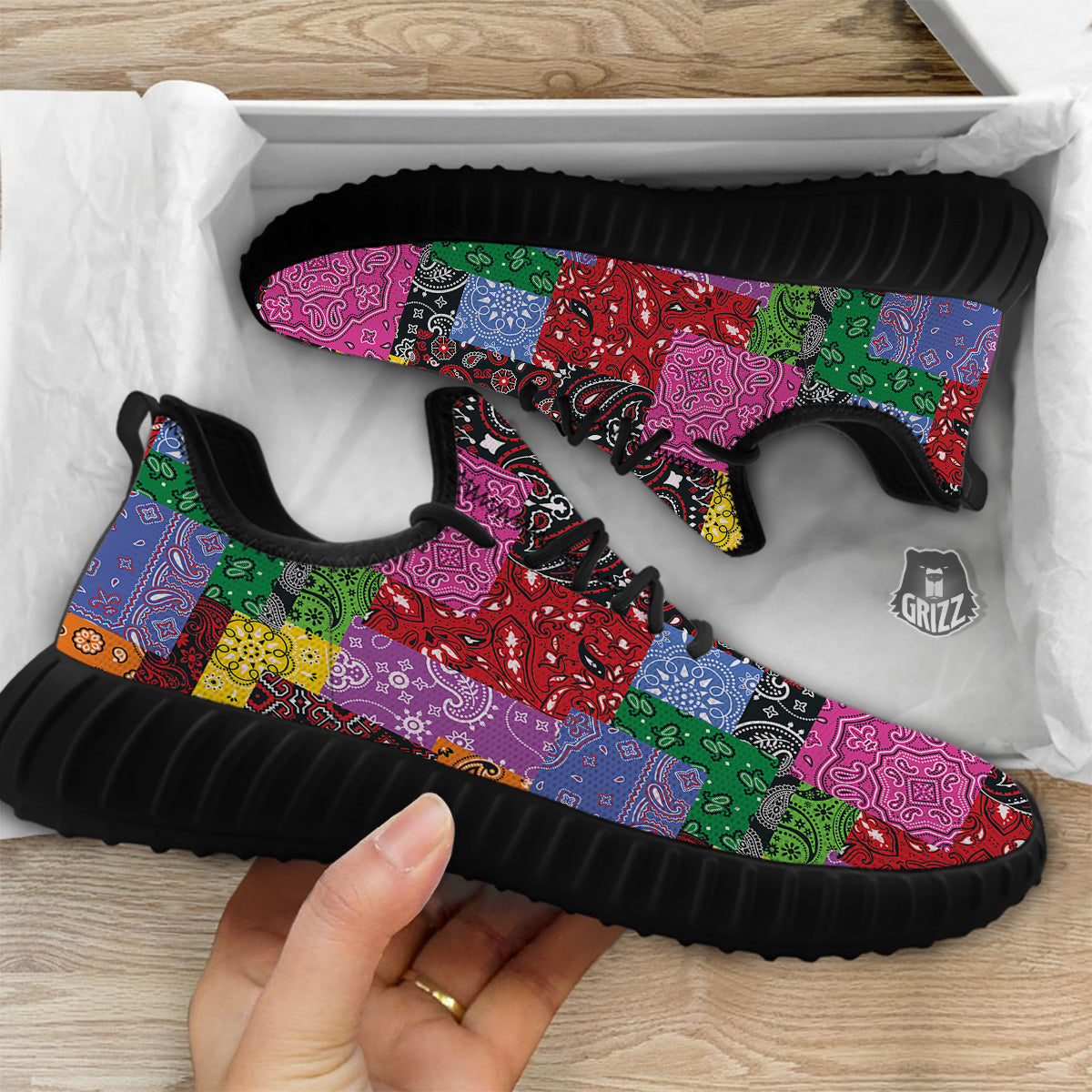 Colorful Patchwork Bandanna Print Pattern Black Walking Shoes-grizzshop