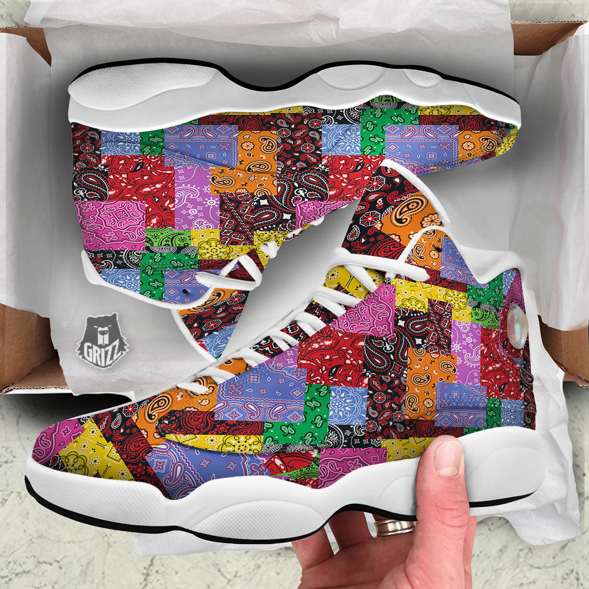 Colorful Patchwork Bandanna Print Pattern White Basketball Shoes-grizzshop