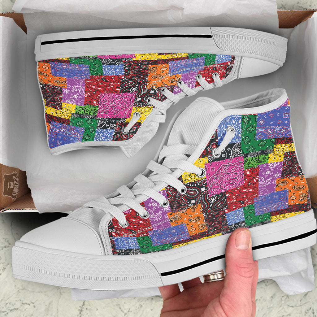 Colorful Patchwork Bandanna Print Pattern White High Top Shoes-grizzshop