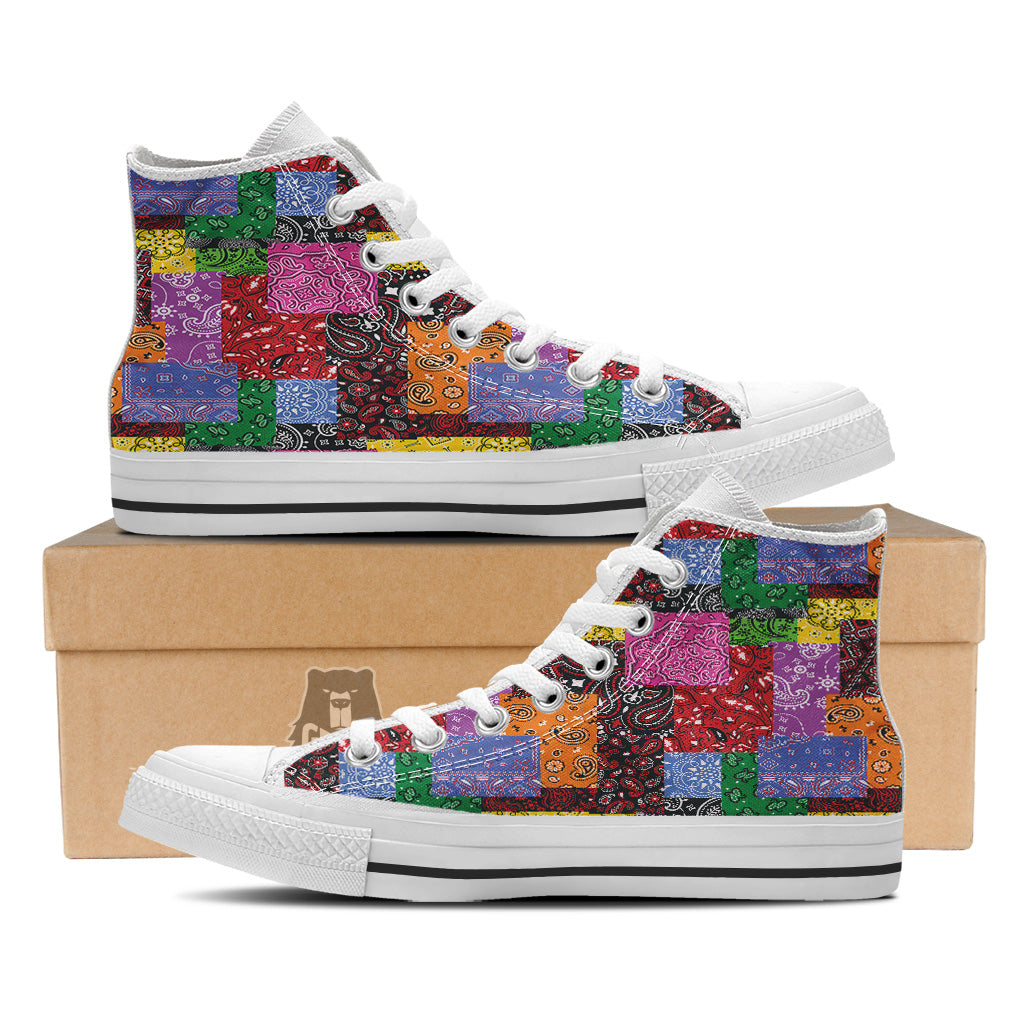 Colorful Patchwork Bandanna Print Pattern White High Top Shoes-grizzshop