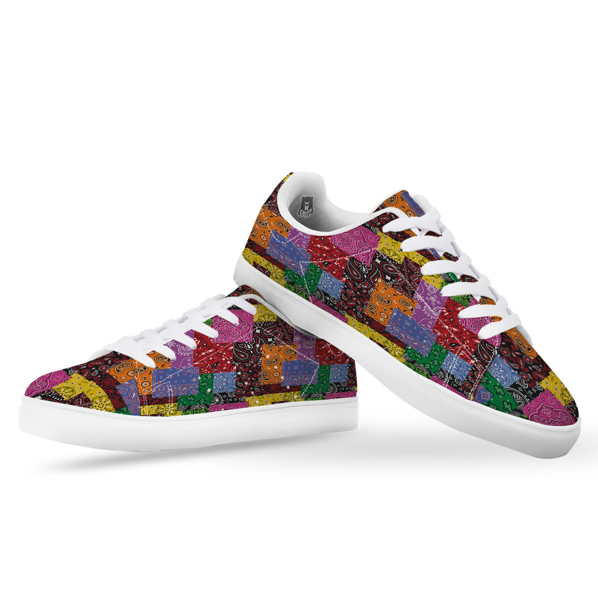 Colorful Patchwork Bandanna Print Pattern White Low Top Sneakers-grizzshop
