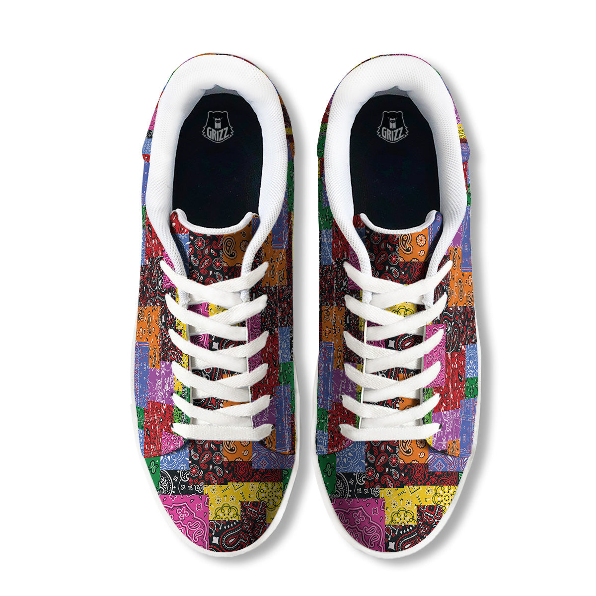 Colorful Patchwork Bandanna Print Pattern White Low Top Sneakers-grizzshop
