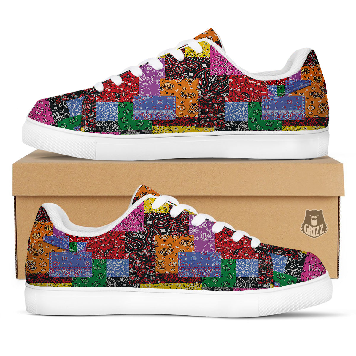 Colorful Patchwork Bandanna Print Pattern White Low Top Sneakers-grizzshop