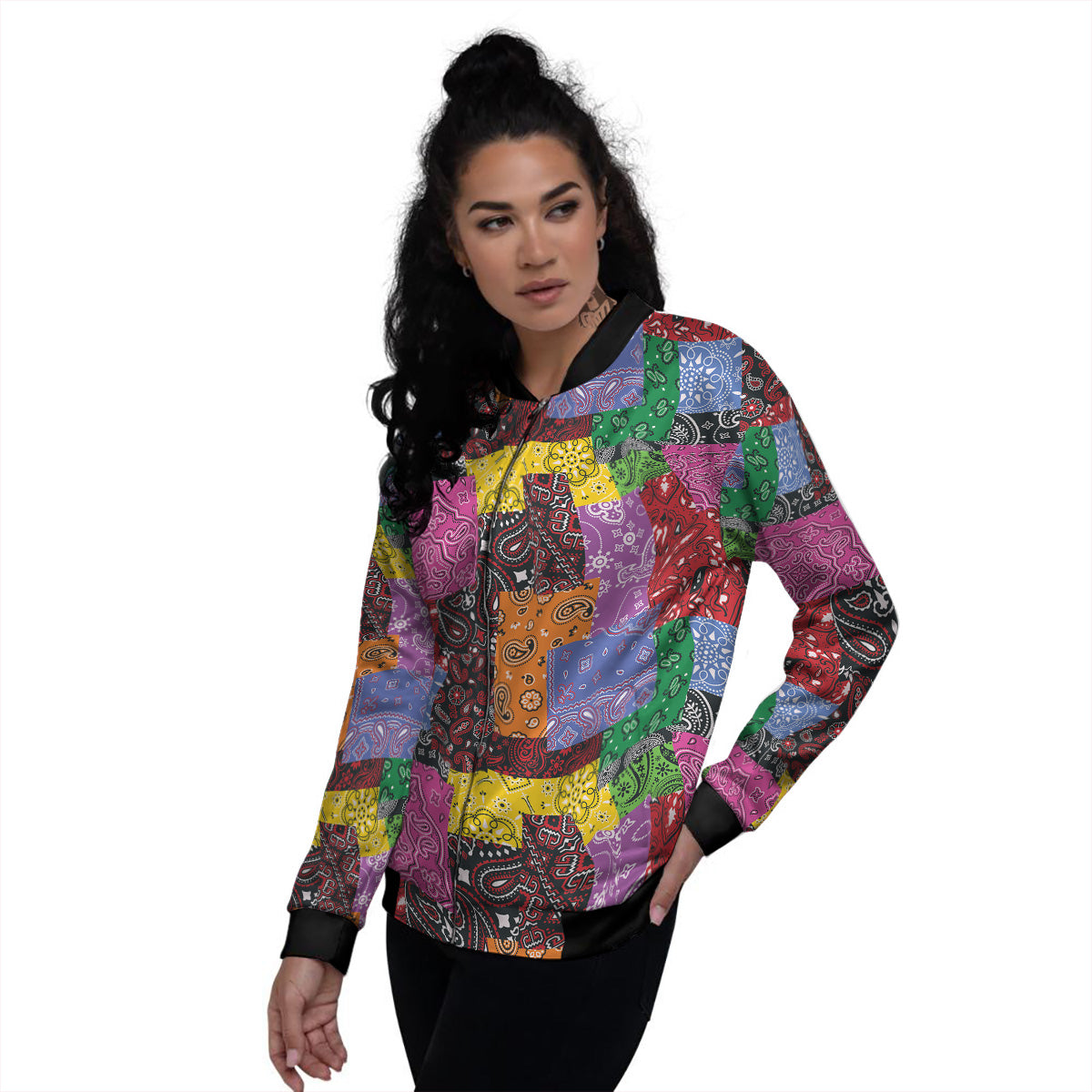 Colorful Patchwork Bandanna Print Pattern Women's Bomber Jacket-grizzshop