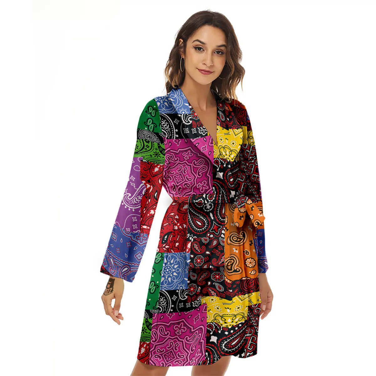 Colorful Patchwork Bandanna Print Pattern Women's Robe-grizzshop