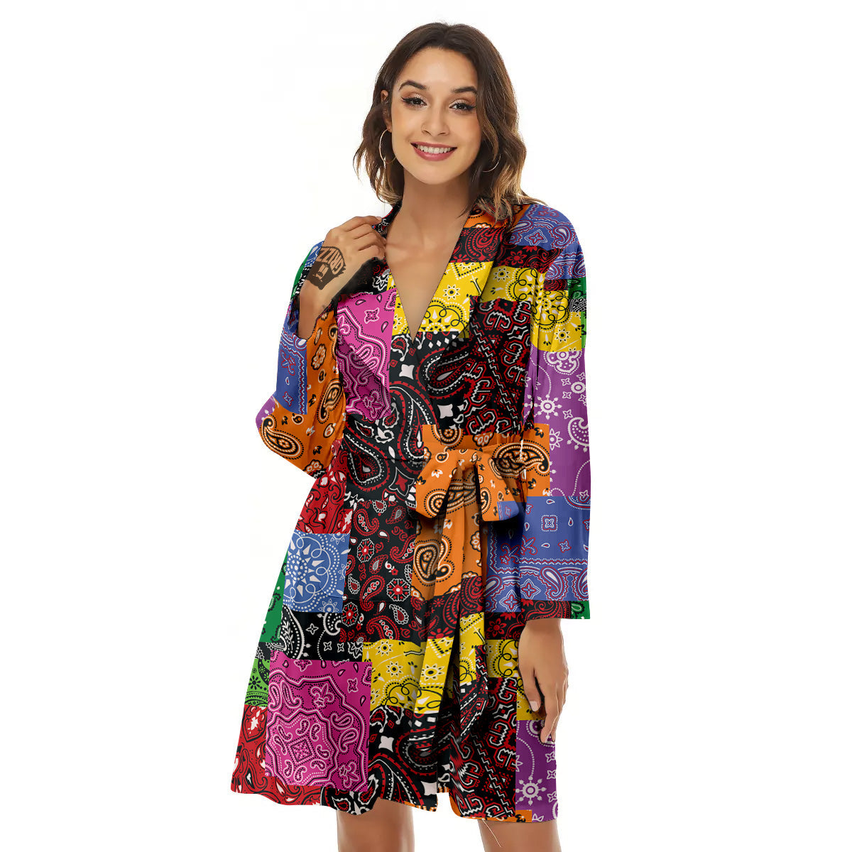 Colorful Patchwork Bandanna Print Pattern Women's Robe-grizzshop