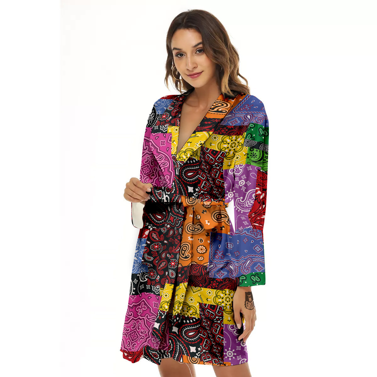 Colorful Patchwork Bandanna Print Pattern Women's Robe-grizzshop