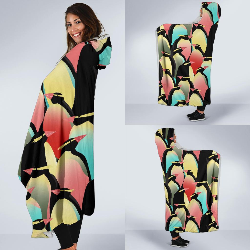 Colorful Penguin Pattern Print Hooded Blanket-grizzshop