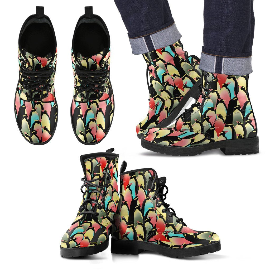 Colorful Penguin Pattern Print Men Women Leather Boots-grizzshop