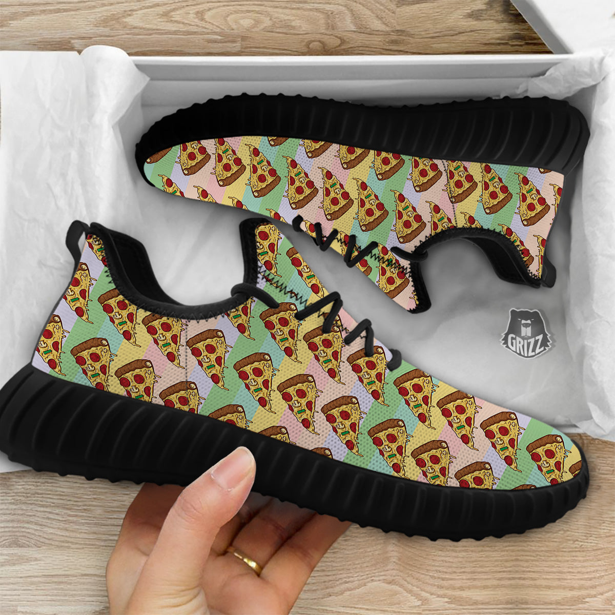 Colorful Pizza And Stiped Pastel Print Pattern Black Walking Shoes-grizzshop
