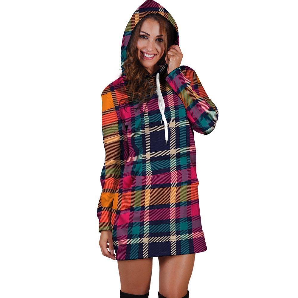 Colorful Plaid Tartan Hoodie Dress-grizzshop