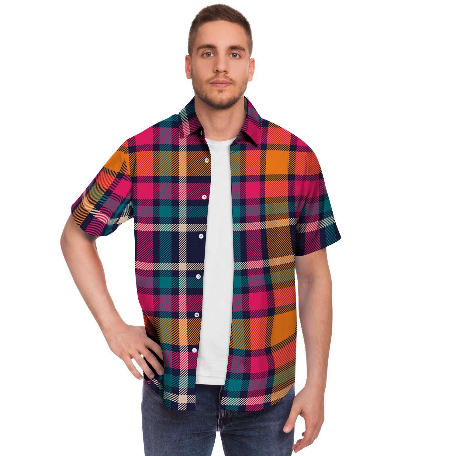 Colorful Plaid Tartan Men's Short Sleeve Shirt-grizzshop