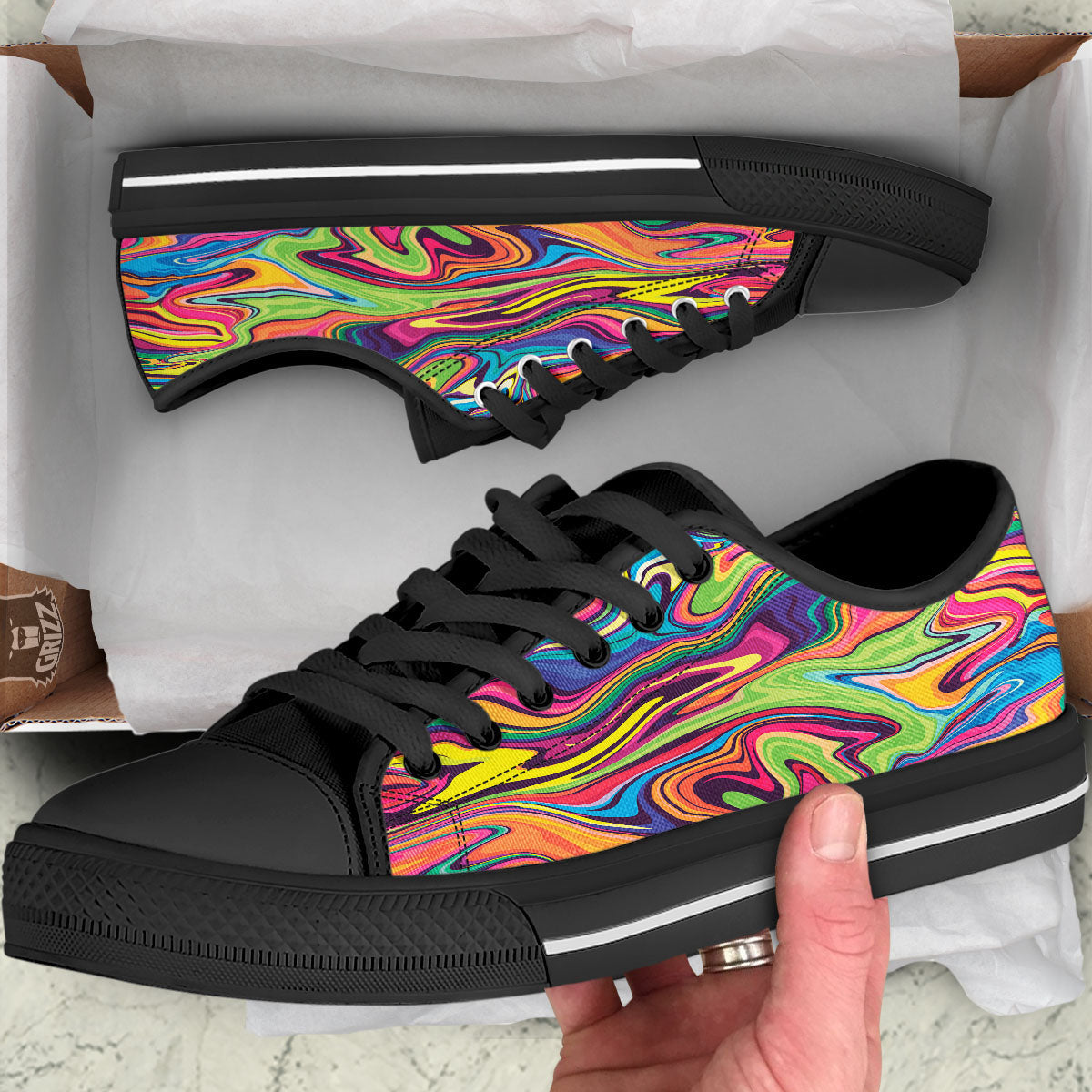 Colorful Psychedelic Print Black Low Top Shoes-grizzshop