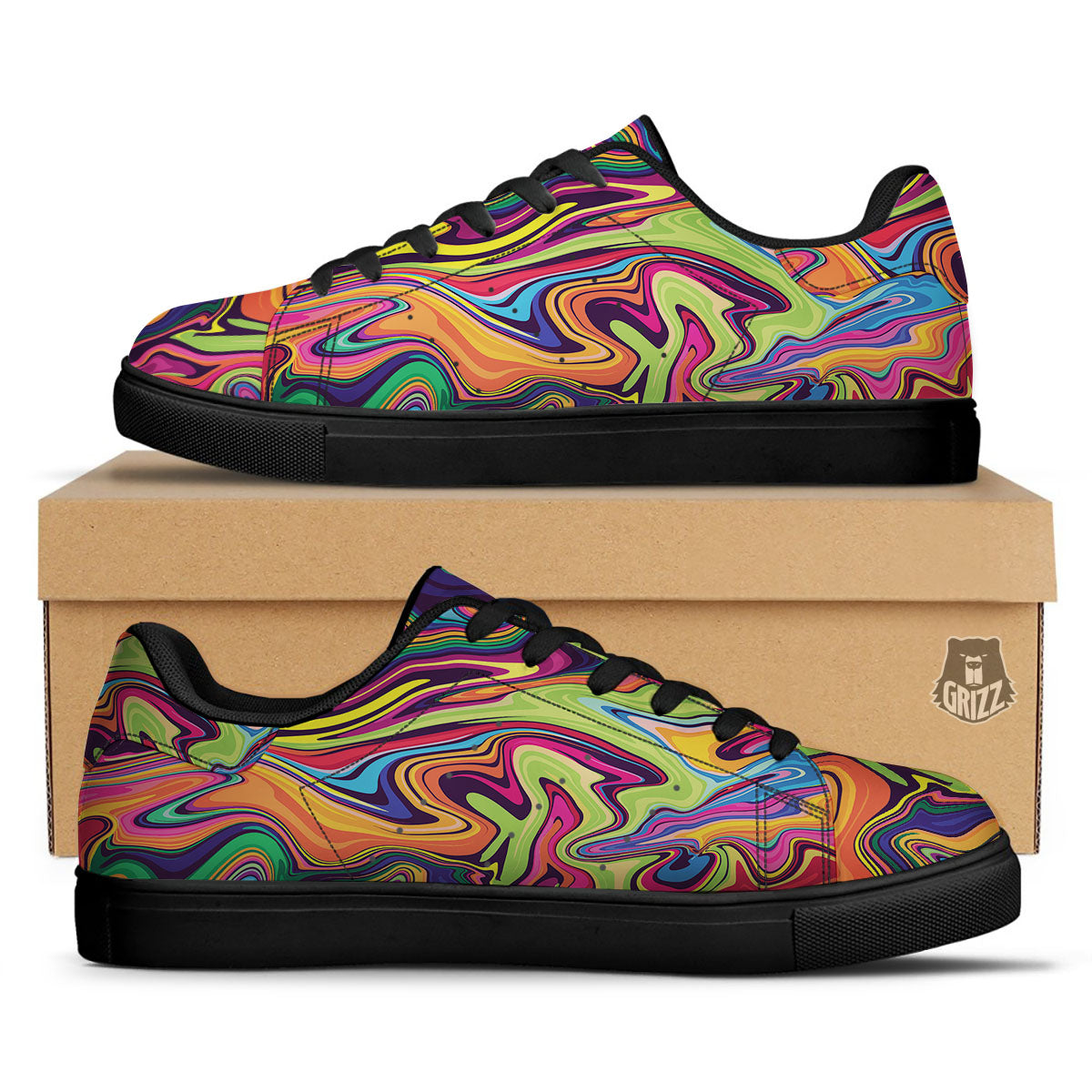 Colorful Psychedelic Print Black Low Top Sneakers-grizzshop