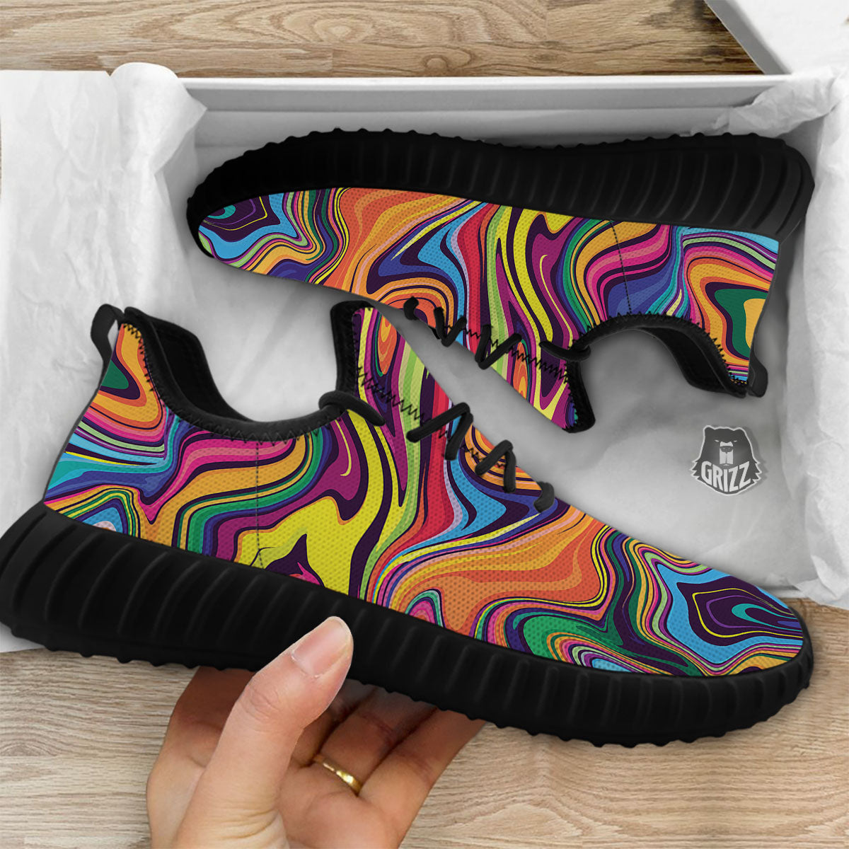 Colorful Psychedelic Print Black Walking Shoes-grizzshop