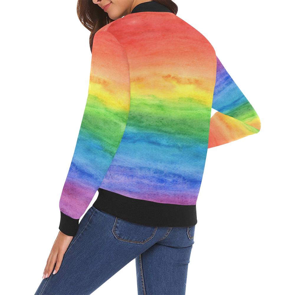 Colorful Rainbow Pattern Print Women Casual Bomber Jacket-grizzshop