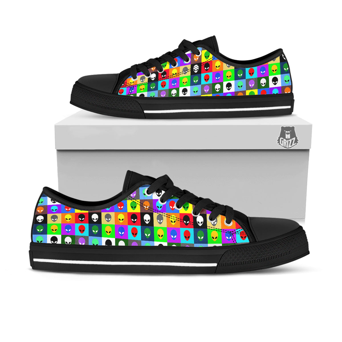 Colorful Retro Aliens Face Print Pattern Black Low Top Shoes-grizzshop