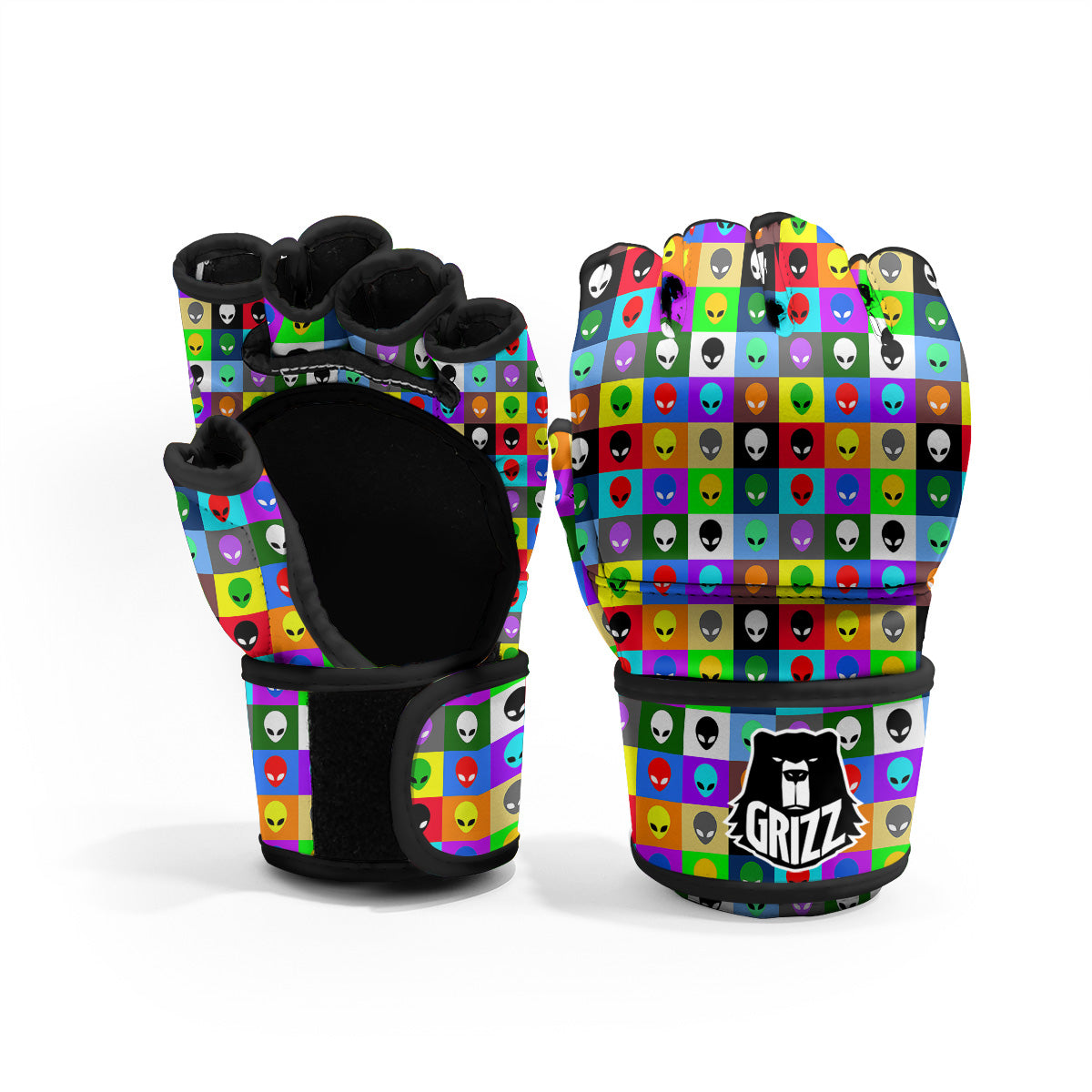 Colorful Retro Aliens Face Print Pattern MMA Gloves-grizzshop