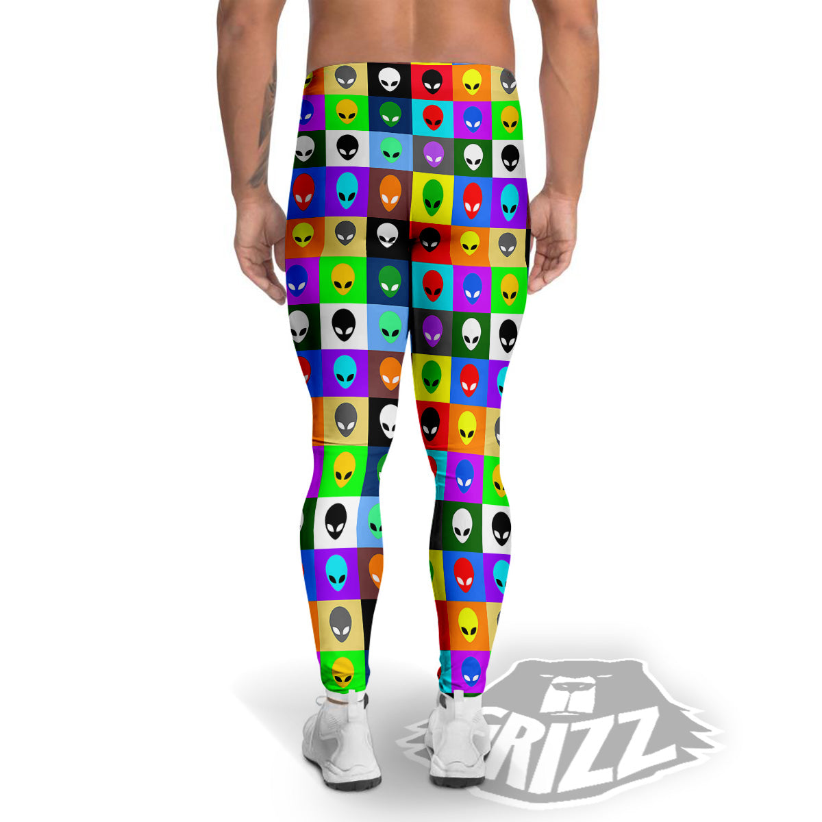 Colorful Retro Aliens Face Print Pattern Men's Leggings-grizzshop