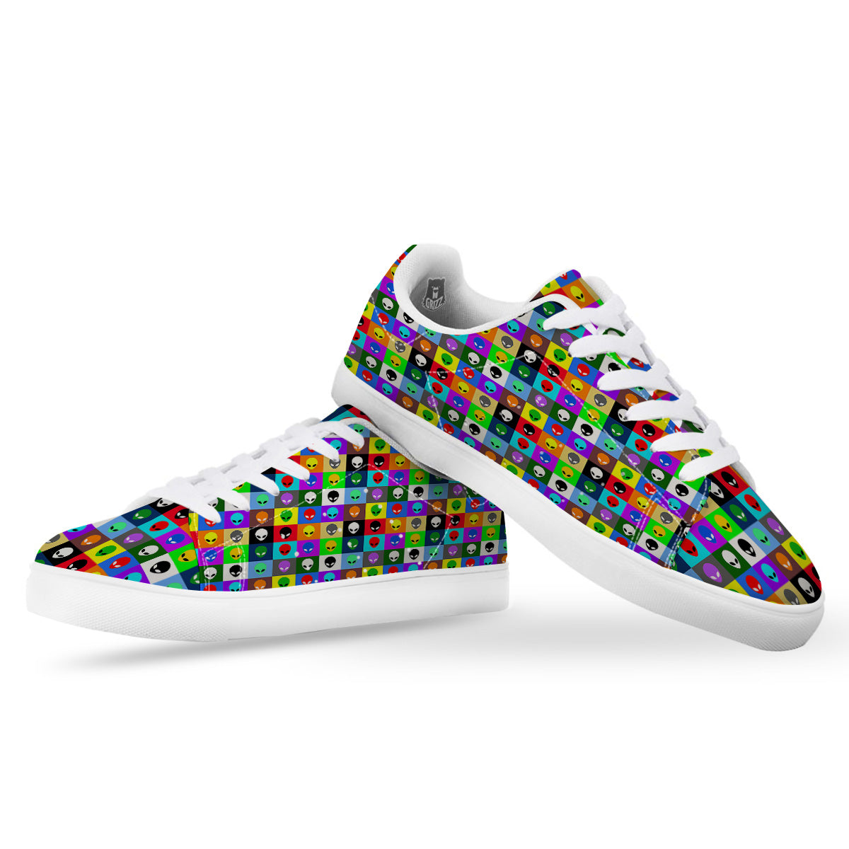 Colorful Retro Aliens Face Print Pattern White Low Top Sneakers-grizzshop