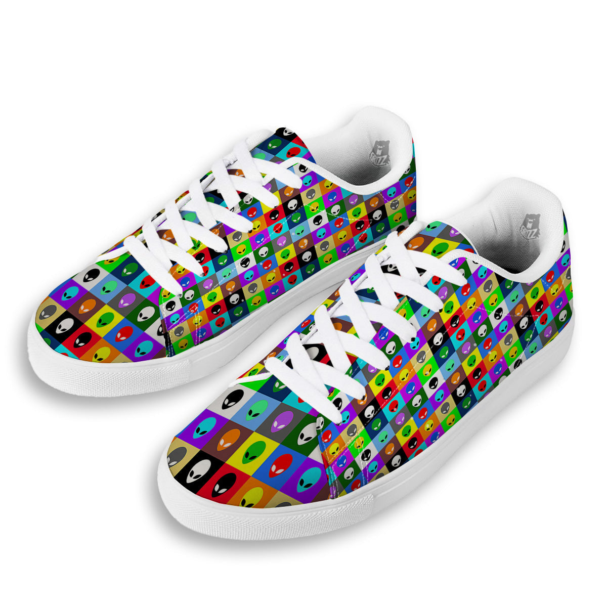 Colorful Retro Aliens Face Print Pattern White Low Top Sneakers-grizzshop