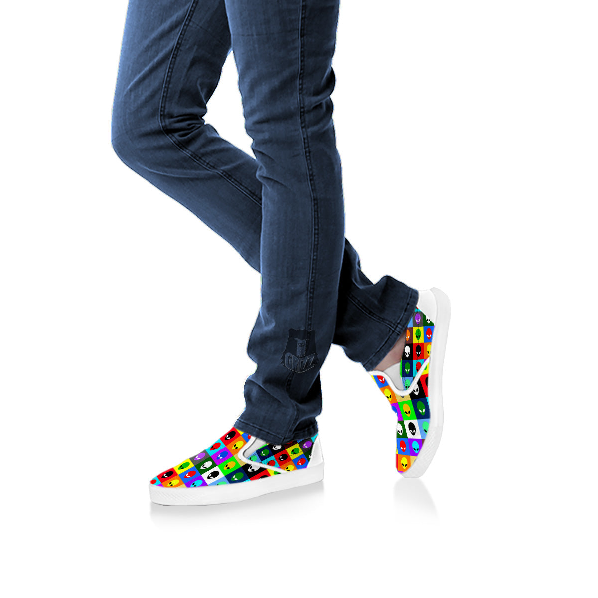 Colorful Retro Aliens Face Print Pattern White Slip On Shoes-grizzshop
