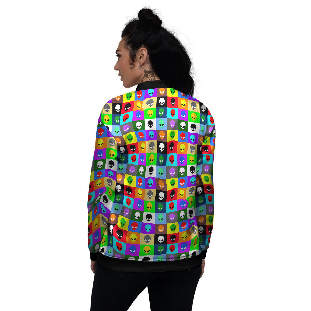 Colorful Retro Aliens Face Print Pattern Women's Bomber Jacket-grizzshop