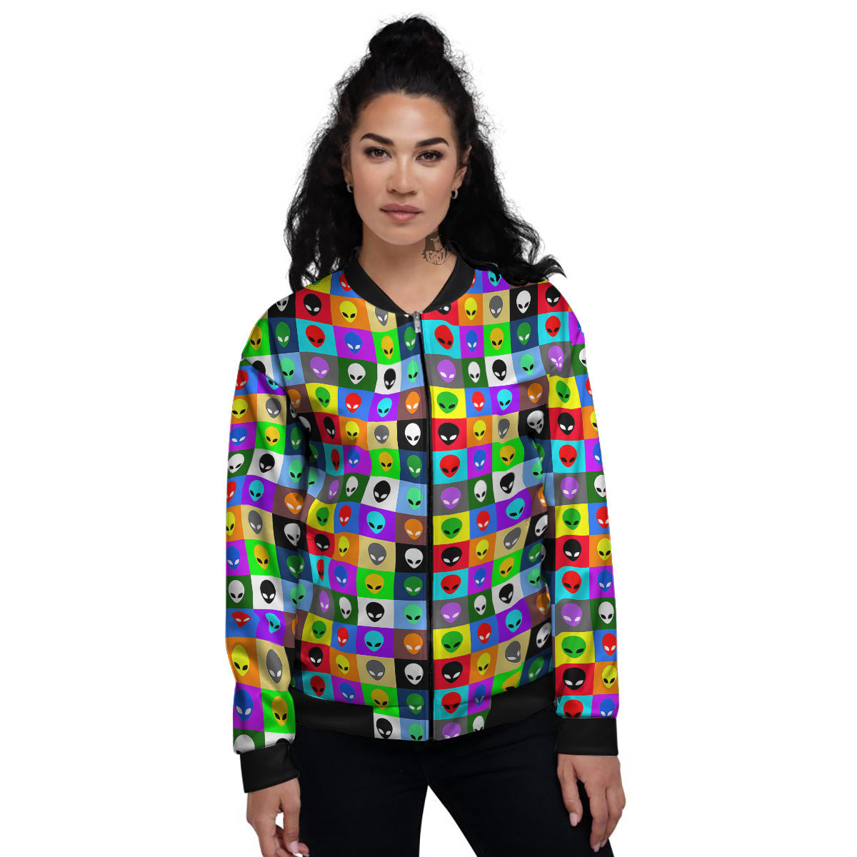 Colorful Retro Aliens Face Print Pattern Women's Bomber Jacket-grizzshop