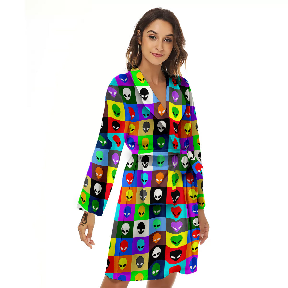 Colorful Retro Aliens Face Print Pattern Women's Robe-grizzshop