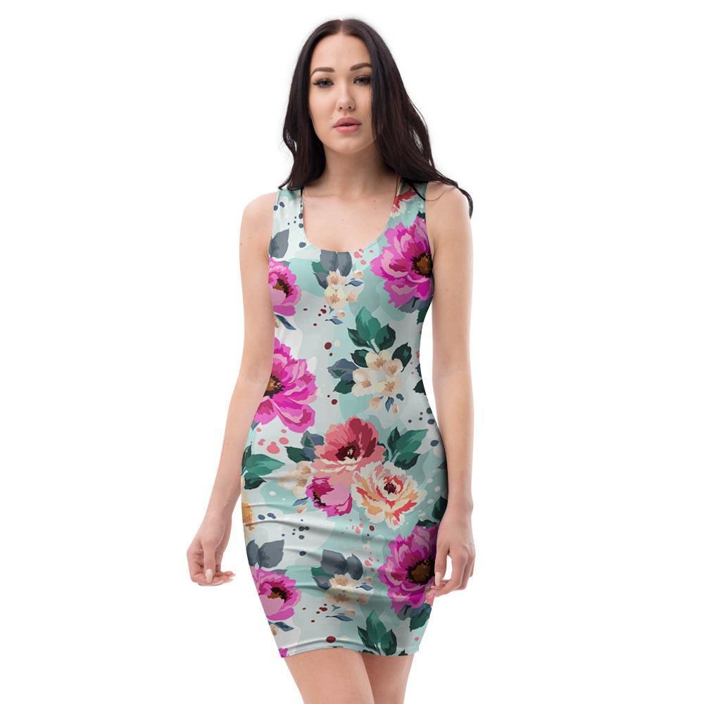Colorful Rose Floral Bodycon Dress-grizzshop