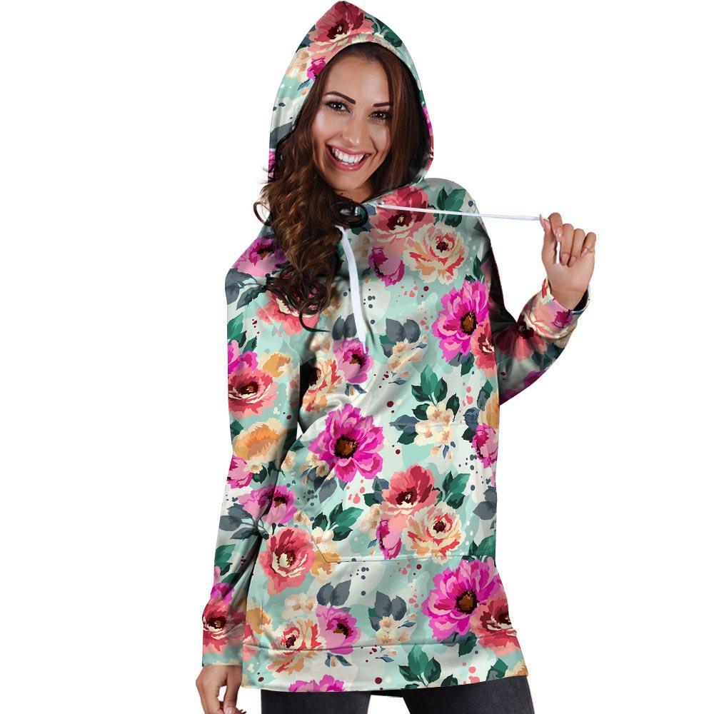 Colorful Rose Floral Hoodie Dress-grizzshop
