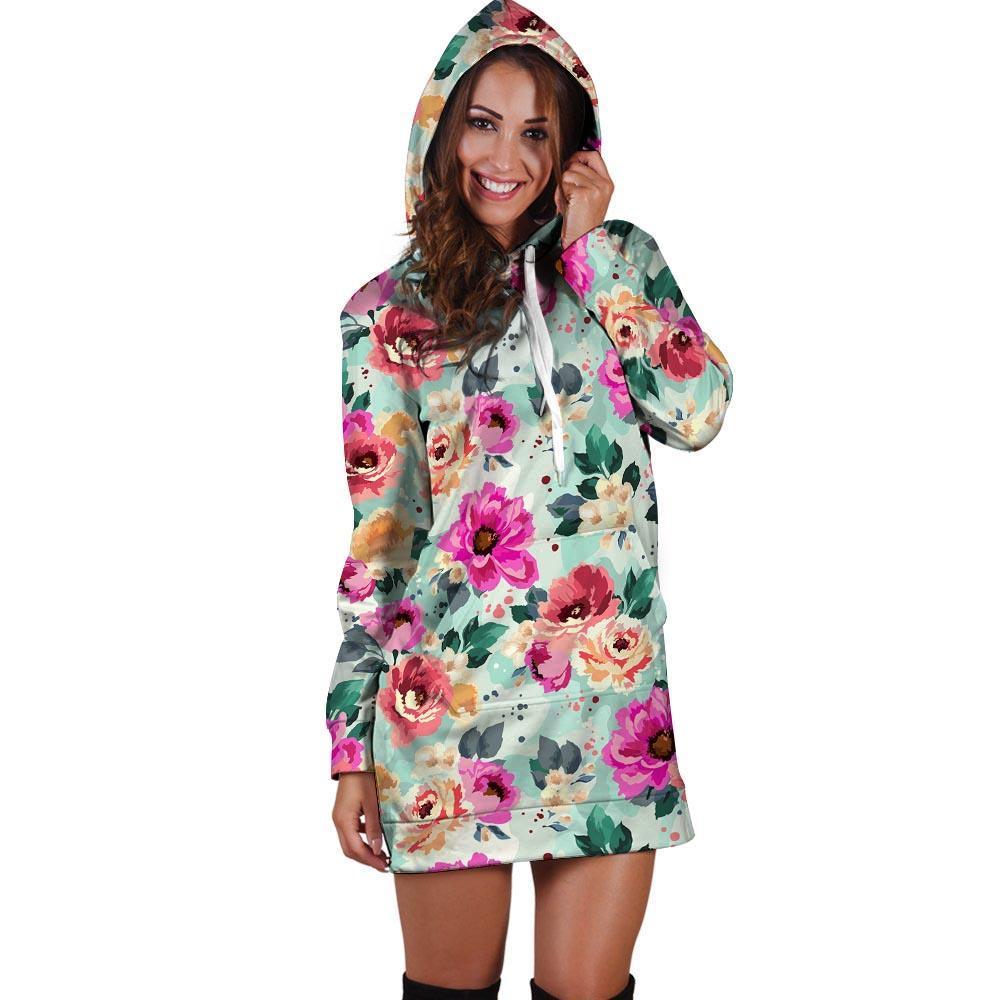 Colorful Rose Floral Hoodie Dress-grizzshop