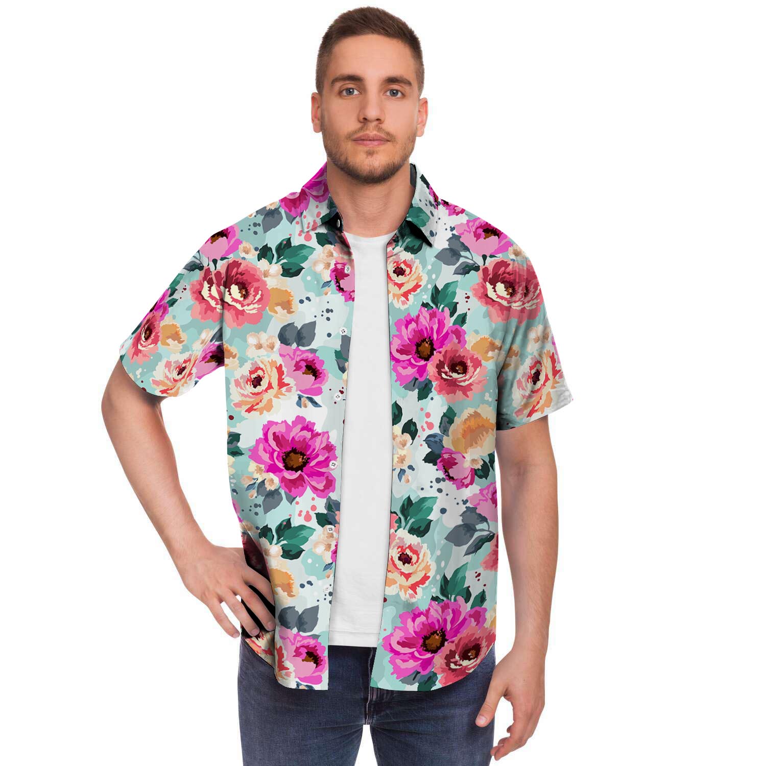 Colorful Rose Floral Men's Short Sleeve Shirt-grizzshop