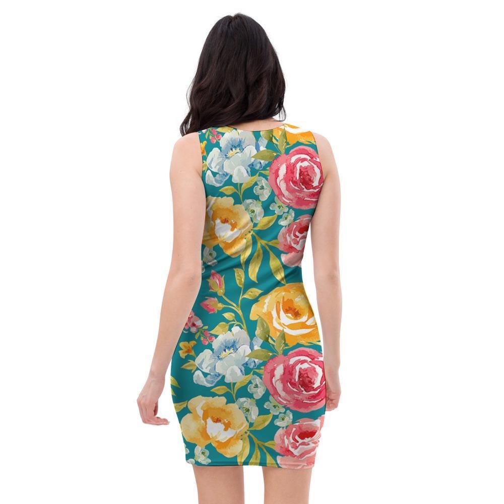 Colorful Rose Flower Bodycon Dress-grizzshop
