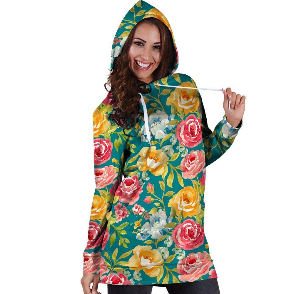 Colorful Rose Flower Hoodie Dress-grizzshop