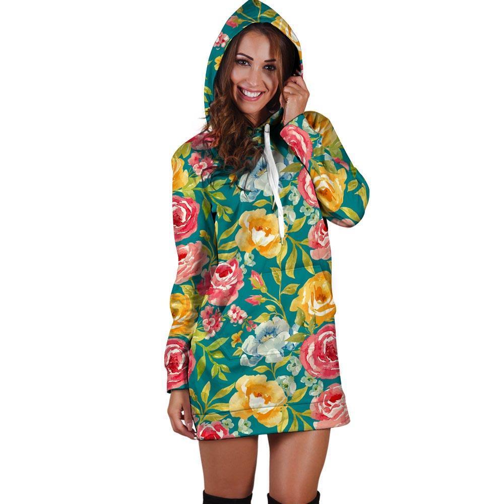 Colorful Rose Flower Hoodie Dress-grizzshop