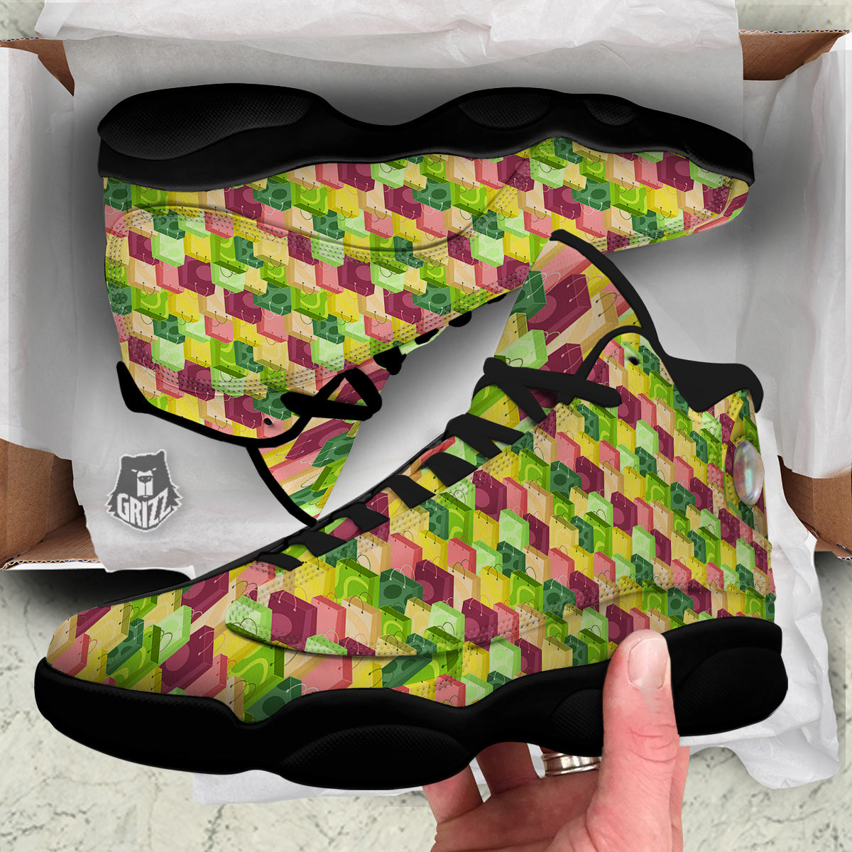 Colorful Shopping Bags Print Pattern Black Basketball Shoes-grizzshop