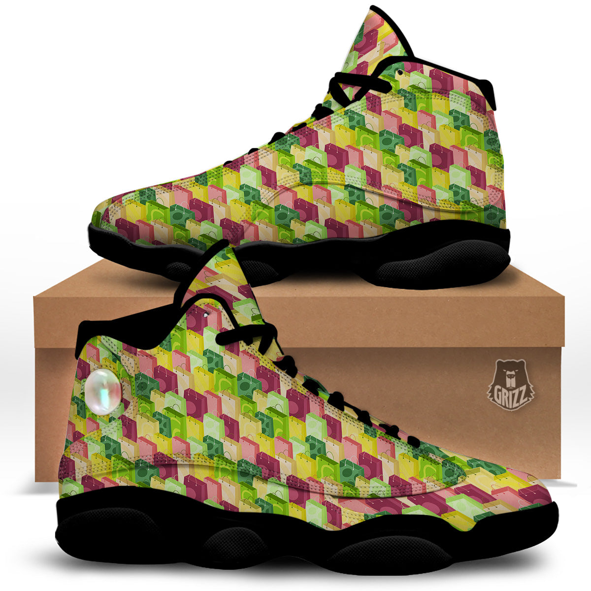 Colorful Shopping Bags Print Pattern Black Basketball Shoes-grizzshop