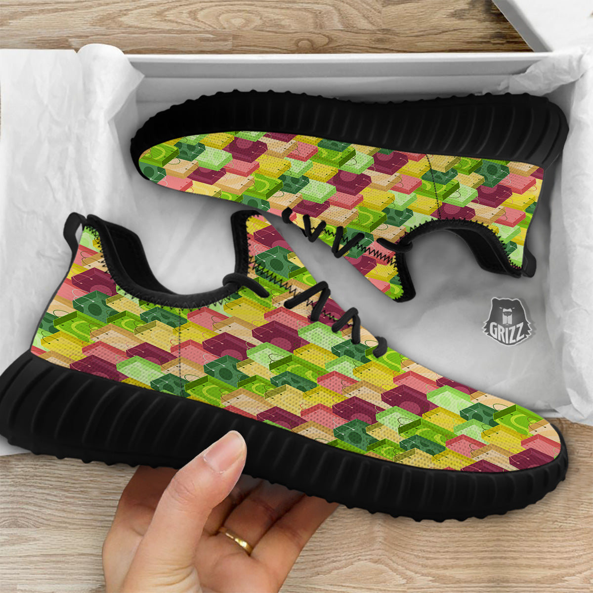 Colorful Shopping Bags Print Pattern Black Walking Shoes-grizzshop