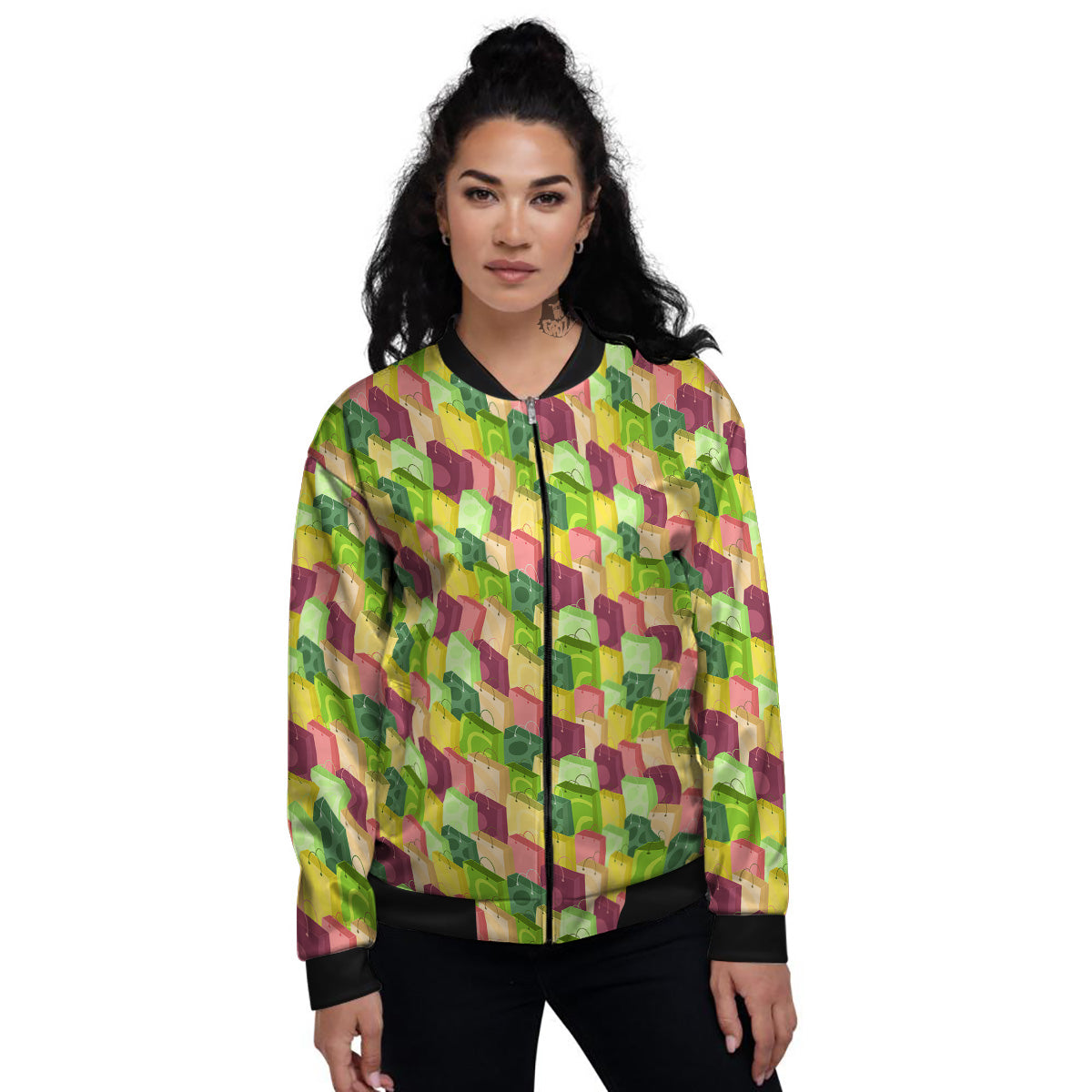 Colorful Shopping Bags Print Pattern Women's Bomber Jacket-grizzshop
