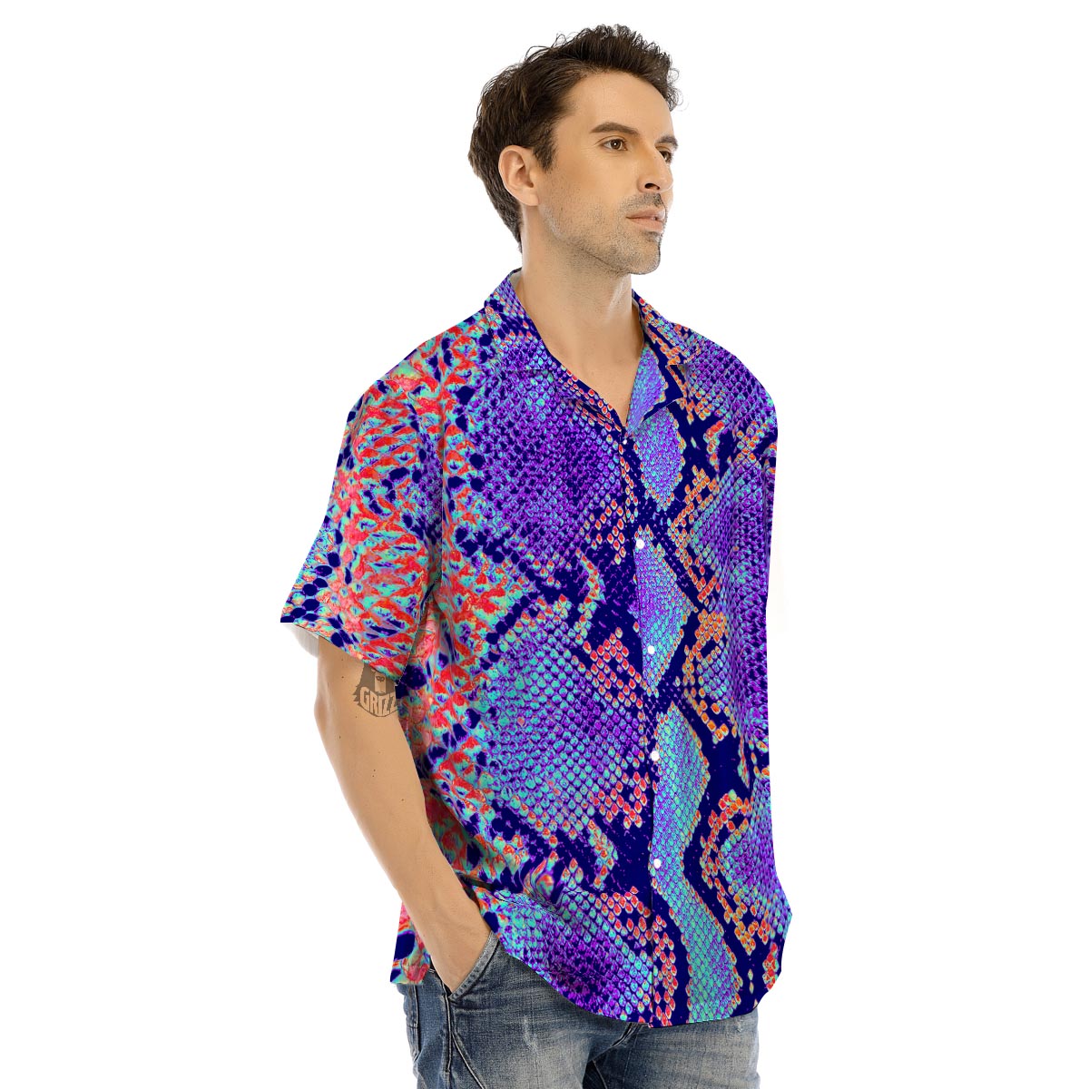 Colorful Snakeskin Print Men’s Hawaiian Shirt-grizzshop